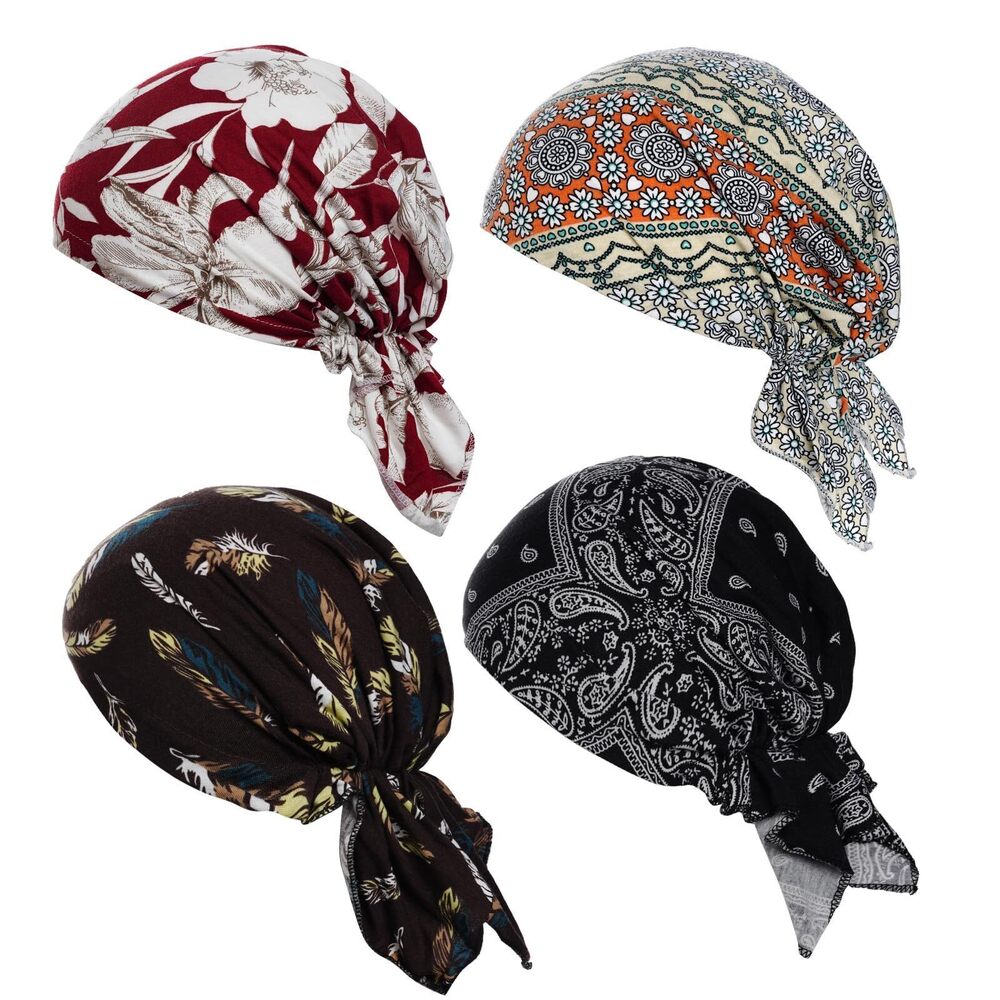 9191 4pcs Pre-Tied Chemo Head Scarf Beanie Covers Cap Head Scarves Sleep